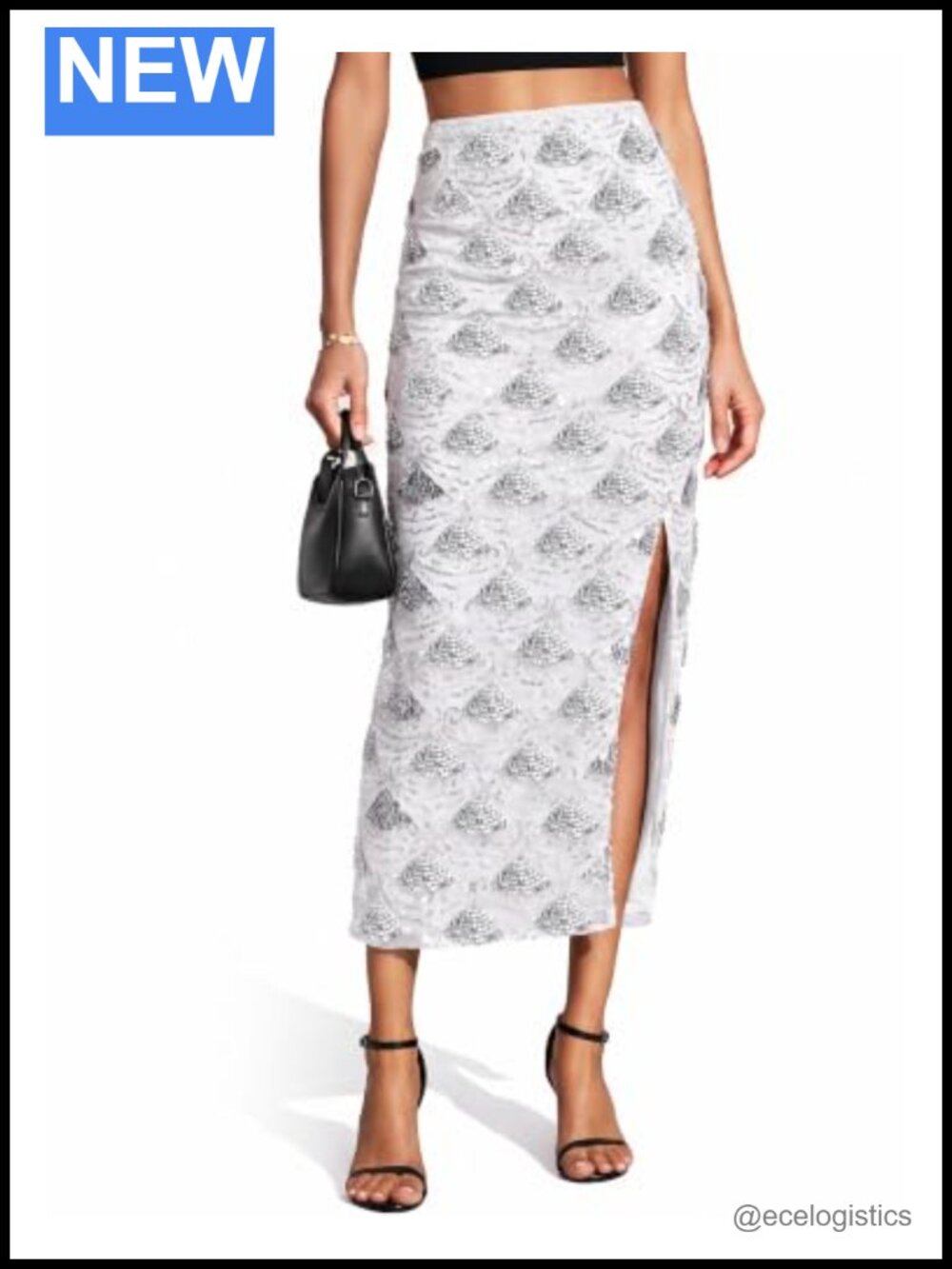 Sequin Midi Skirt for Women High Waist Elastic Stretch Mesh Lined Side Slit
